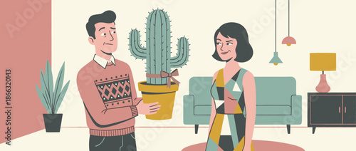 Hesitant man offering a large prickly cactus plant with a ribbon as a strange gift to an amused woman in a colorful, retro-style living room