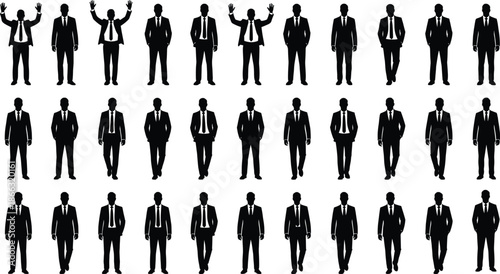 Set of business man silhouettes in formal suits showing multiple standing and walking poses, professional male characters ideal for corporate design, leadership concepts, and office branding projects