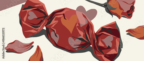 Stylized red candy in a crinkled wrapper with heart patterns is surrounded by a rose and petals in a romantic flat lay illustration on a light background