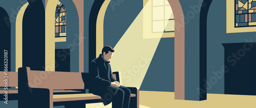 Lonely man in a dark coat sitting on a wooden pew inside a quiet church, illuminated by a sunbeam from a high window in a flat graphic illustration style
