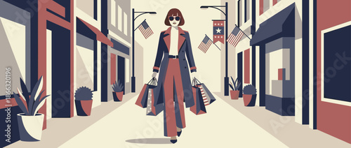 Fashionable woman in a stylish trench coat and sunglasses walks confidently down a city street decorated with patriotic flags while carrying multiple shopping bags