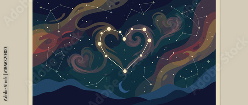 Glowing heart-shaped constellation of connected stars shines brightly in a magical night sky filled with colorful swirling nebula, other star patterns, and a crescent moon