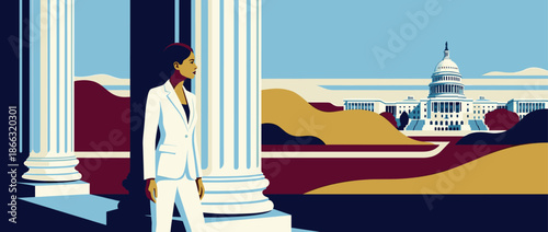 Strong woman leader in a white pantsuit stands thoughtfully beside a classical column, gazing at a domed government building in a bold graphic illustration
