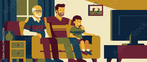 Three generations of a happy family sitting together on a couch watching television in their cozy living room, a flat vector illustration showing family bonding and leisure time