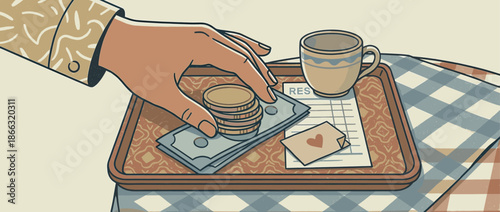 Person's hand leaving cash money and coins as a generous tip on a restaurant tray with a bill and coffee cup in a retro illustration style