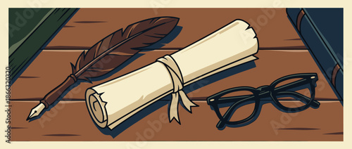 Vintage quill pen, rolled scroll, and eyeglasses rest on a wooden desk next to old books in a classic cartoon illustration style with bold outlines