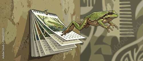 Illustrated green tree frog leaping out of a spiral-bound wall calendar in a surreal and dynamic concept art piece against a textured, abstract wall background