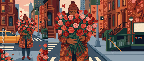 Person holding a large bouquet of roses stands on a romantic city street in a charming flat illustration style, perfect for Valentine's Day or anniversary celebrations