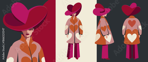 Stylish woman in a large heart-shaped hat and coat with a heart pattern, depicted in a modern flat illustration style from multiple angles like a fashion design sheet
