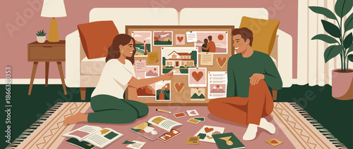 Happy young couple sitting on the floor creating a vision board together, planning their future goals and dreams with pictures of a house, travel, and love in a cozy living room