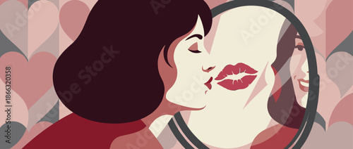 Illustrated woman with dark hair kissing her smiling reflection in a round mirror, a concept of self-love and acceptance on a romantic pink heart pattern background
