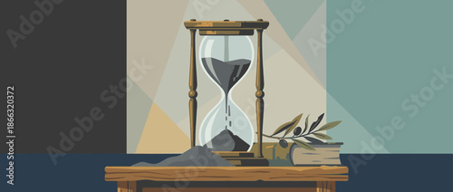 Vintage wooden hourglass with black sand running out, part of a still life composition with a book and an olive branch on a table against a geometric background