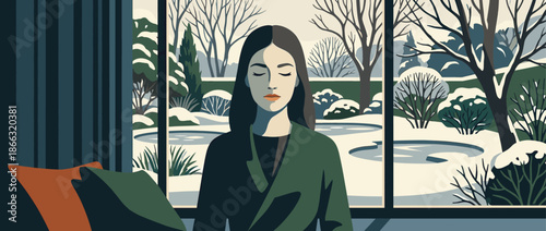 Serene young woman with eyes closed sits peacefully inside, meditating by a large window that reveals a tranquil, snowy winter garden scene in a flat illustration style