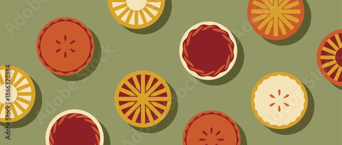 Collection of various autumn holiday pies with different crust designs and fillings, illustrated in a flat graphic style with a top-down view on a muted green background