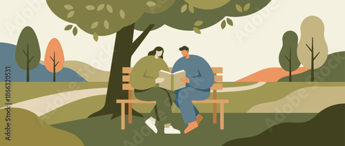 Stylized couple sitting on a park bench reading a book together under a large tree in a peaceful landscape with rolling hills, a modern flat vector illustration style