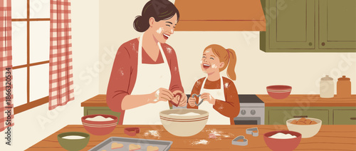 Happy mother and daughter baking heart-shaped cookies together in a cozy kitchen, laughing and covered in flour while enjoying a fun family activity and bonding