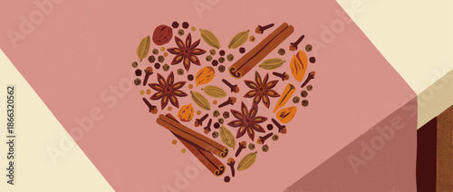 Heart shape made from various spices like cinnamon, star anise, cloves, and cardamom in a textured illustration style on a geometric pink and brown background banner