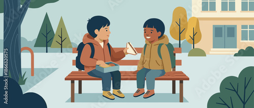 Two diverse young schoolboys sitting on a bench in a schoolyard, one kindly sharing a sandwich from his lunchbox with his smiling friend in a heartwarming illustration