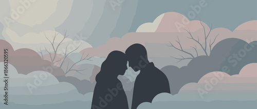 Dark silhouette of a loving couple touching foreheads in a tender embrace against a moody, stylized landscape with clouds and bare trees in muted pastel colors