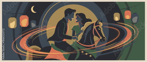 Happy romantic couple riding a carousel horse at a magical fairground at night, a nostalgic vector illustration with glowing lanterns and swirling light trails