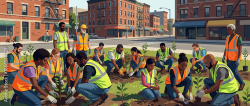 Diverse group of community volunteers planting young tree saplings together in a city park as part of an urban greening and environmental improvement project