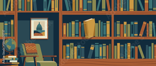 Illustrated study room interior with large wooden bookshelves, a cozy armchair with a throw, a world globe, and a framed picture in a retro flat design style
