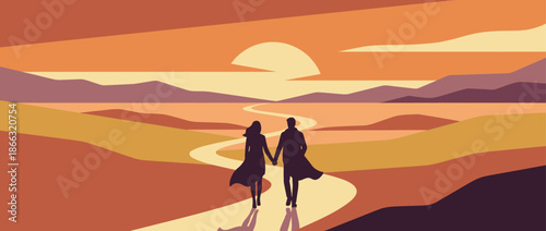 Silhouette of a romantic couple holding hands and walking away on a winding path through a stylized mountain landscape during a warm, golden sunset