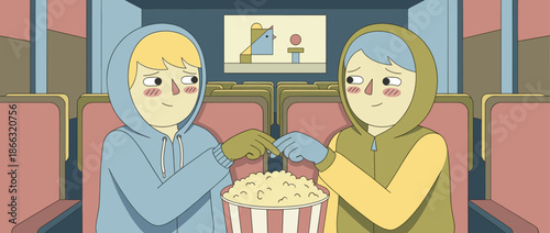 Two cute cartoon characters in hoodies on a first date shyly touching fingers over a bucket of popcorn while watching a film in a dark movie theater