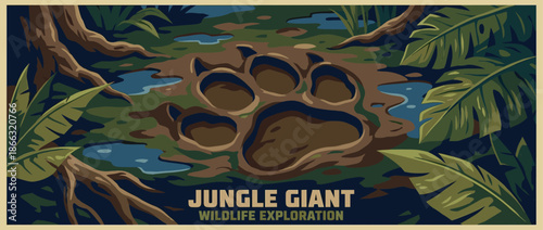 Giant mysterious beast's paw print impressed into the muddy jungle floor, surrounded by tropical plants, puddles of water, and tree roots in a mysterious, dark graphic illustration
