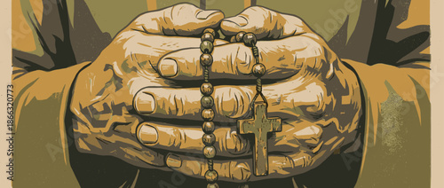 Praying hands holding a wooden rosary with a cross in a graphic, vintage illustration style with a limited color palette and textured details, conveying faith and contemplation