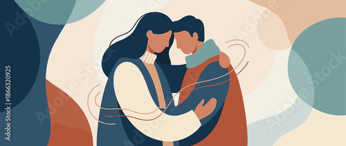 Loving faceless couple embracing tenderly in a supportive hug, depicted in a modern flat illustration style with a warm, earthy color palette on an abstract background