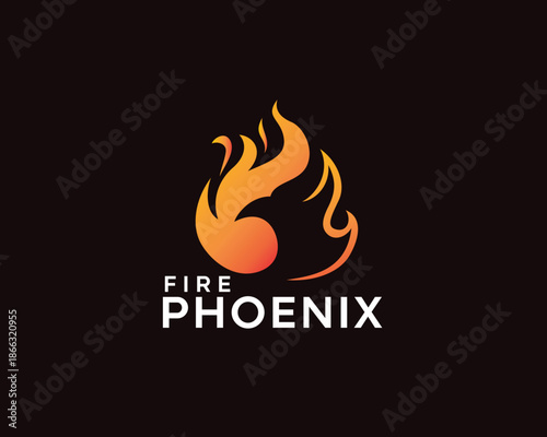 abstract fire phoenix logo, circular fire with phoenix head shadow logo design template