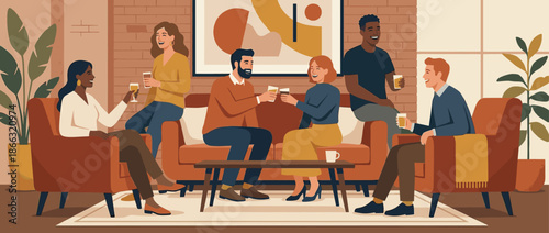 Diverse group of happy young friends socializing with drinks, laughing and talking together in a stylish modern living room with a warm, friendly atmosphere and flat vector illustration style
