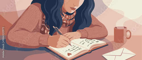 Creative woman with long dark hair writing in her personal diary with a pen, enjoying a quiet, cozy moment with a hot drink in a warm-toned flat illustration