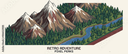 Pixel art isometric mountain landscape with a hiker walking along a river through a pine forest, featuring snow-capped peaks in a retro 8-bit video game style on a light background
