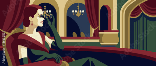 Elegant woman in a vintage red dress and green gloves holds opera glasses, watching a performance from a luxurious theater box in a classic Art Deco illustration style