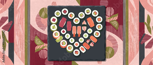 Illustrated sushi set with various rolls arranged in a heart shape on a dark slate platter, seen from a top-down perspective on a decorative patterned background