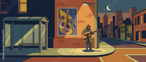 Lonely street musician in a hooded coat playing an acoustic guitar under a lamppost on a deserted city corner at night, a vector illustration with a moody urban atmosphere
