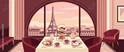 Elegant romantic breakfast for two with pastries and coffee set on a table in a luxurious restaurant with a beautiful cityscape view through a large window