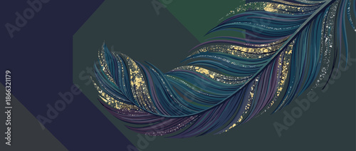 Luxurious dark blue and purple feather with sparkling gold and silver glitter accents on a modern dark green and navy geometric background