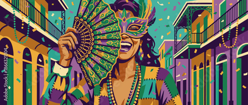 Festive woman in a colorful mask holds an ornate fan while laughing during a vibrant street parade with confetti and balconies in a flat illustration style