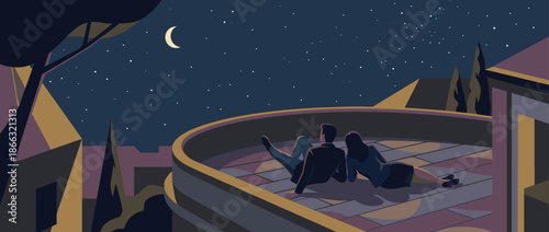 Romantic couple sitting on a rooftop terrace at night, looking up at the starry sky and crescent moon in a serene, peaceful vector illustration