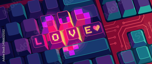 Vibrant retro-style computer keyboard with glowing keys spelling the word LOVE and a pixel heart, illustrating the concept of online dating and digital romance in a vaporwave aesthetic