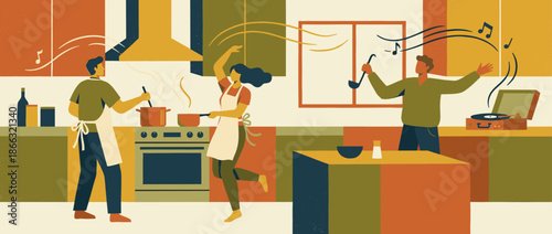 Three happy young friends cooking dinner together, dancing and listening to music from a vintage record player in a colorful retro style kitchen illustration