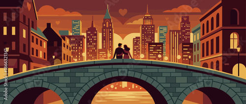 Romantic couple embracing on a stone bridge overlooking a beautiful city skyline with skyscrapers at sunset in a flat vector illustration style with warm colors and heart shapes