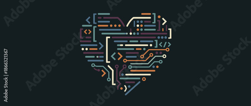 Stylized heart icon made of programming code symbols and electronic circuit traces in a retro color palette, symbolizing a passion for software development on a dark background