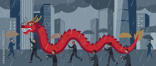 Long red traditional dragon puppet is carried by business people in a parade through a modern city with skyscrapers during a gloomy rainstorm