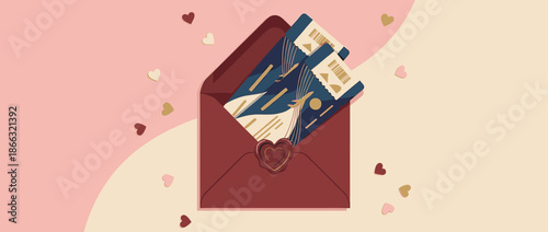 Two blue and gold airline tickets inside a romantic red envelope with a heart wax seal, presented as a surprise travel gift for a couple on a lovely pink background with hearts