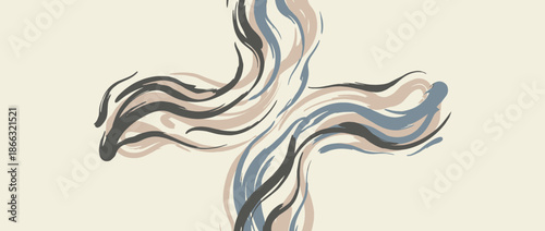 Christian cross symbol made of flowing brush strokes in muted blue, beige, and grey colors, creating an artistic and modern religious illustration on a light cream background