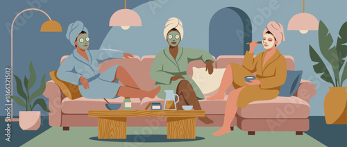 Three diverse friends in bathrobes and towels enjoy a relaxing home spa day, applying face masks while sitting on a comfortable couch in a stylish, modern living room interior